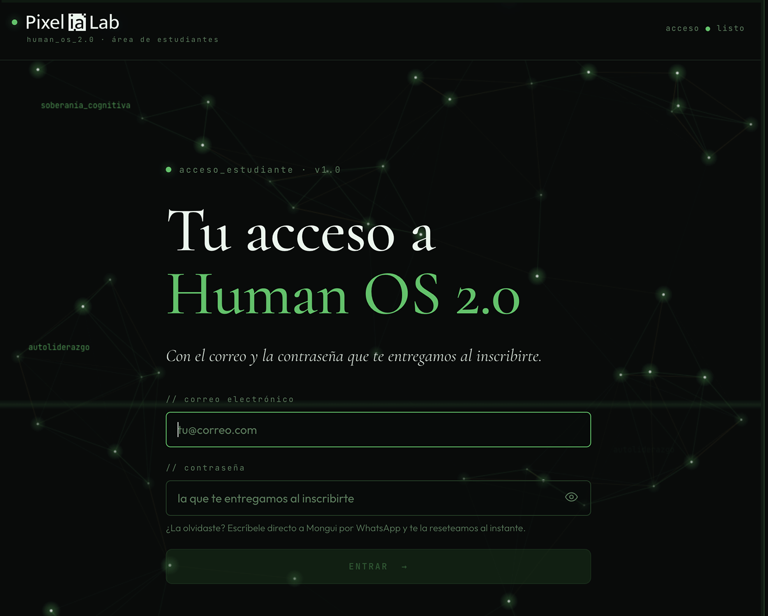 Pantalla de acceso de estudiantes